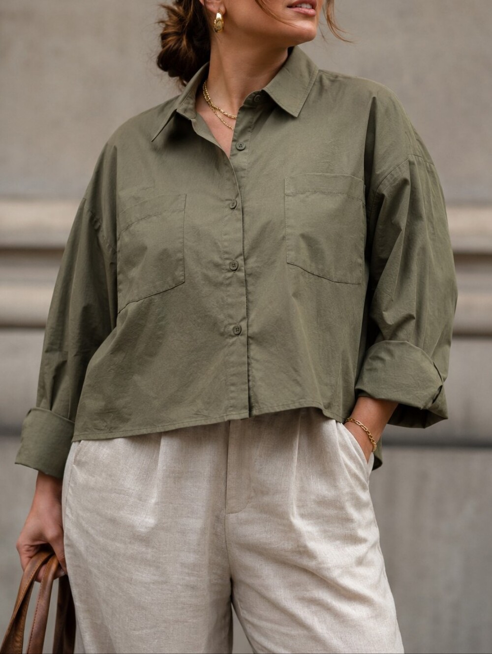 NWT Kuwalla Olive Green Cropped Button-Down Shirt | Minimalist 100% Thin Cotton